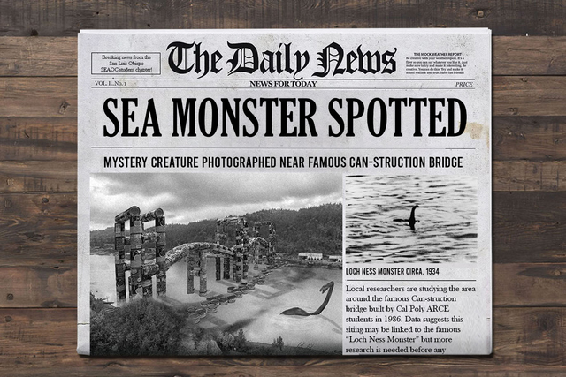 Newspaper cover: The Daily News. Photo of the Bridge Khalifa over a sea of canned tuna. Headline: "Sea monster spotted: Mystery creature photographed near famous can-struction bridge"