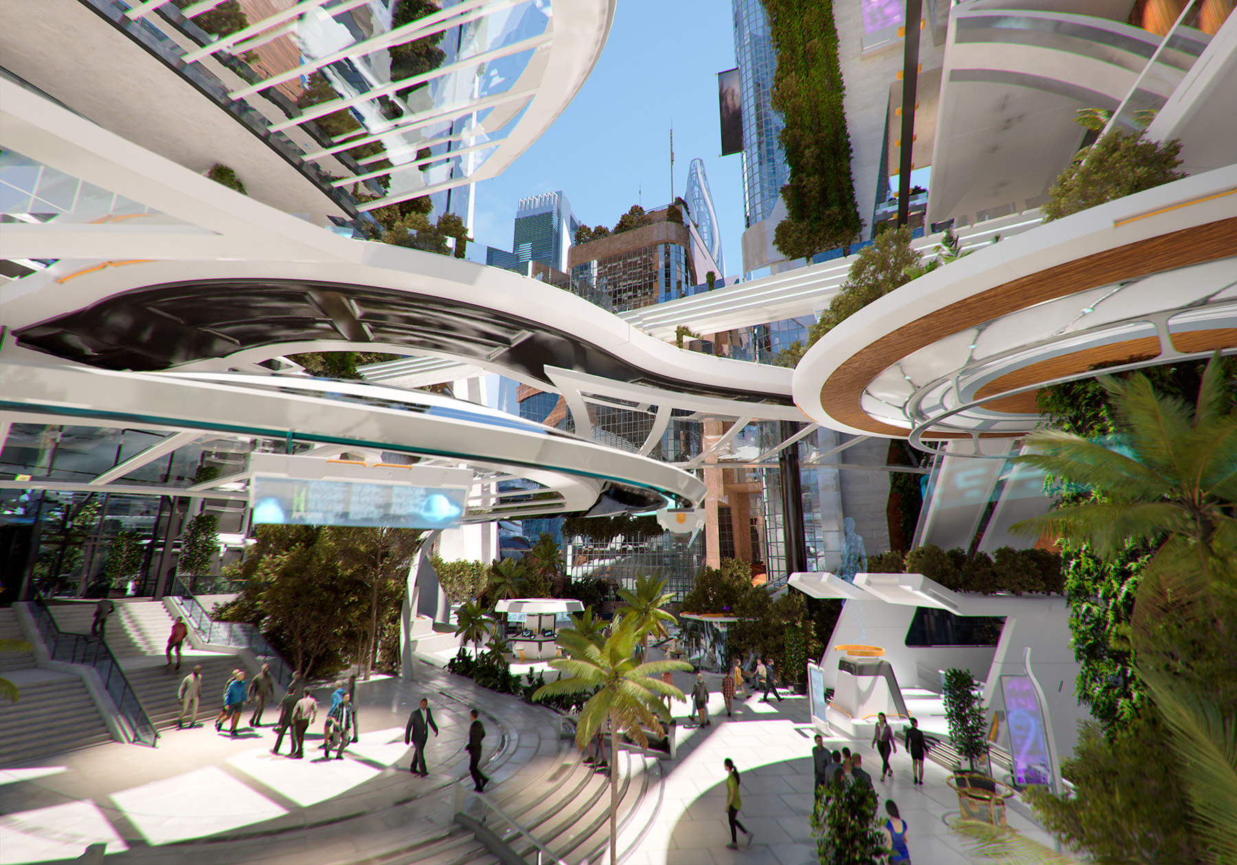 The city of the future is depicted as a place filled with natural light and clean air. 