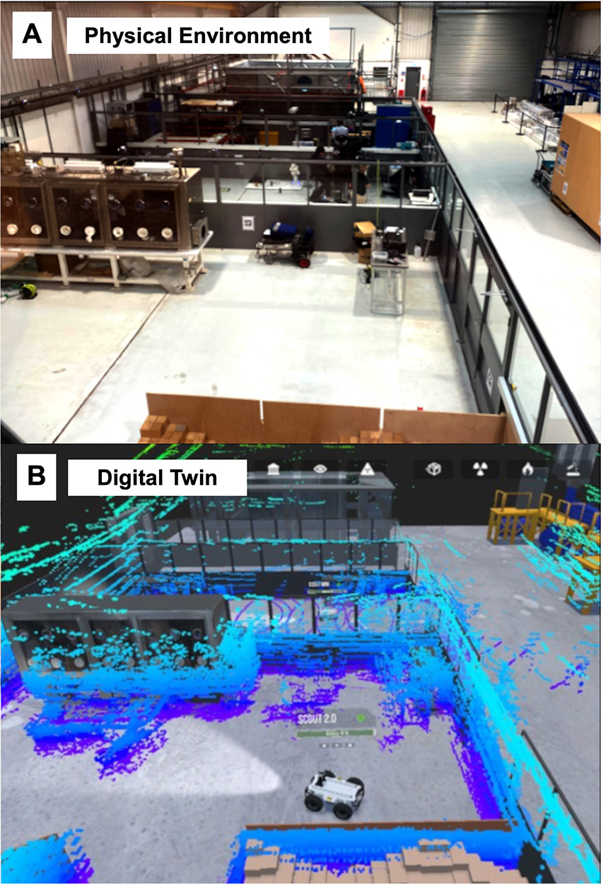 Images show an actual environment and its digital twin. The robot fleet creates a digital twin that enhances the robots’ decision-making abilities. 