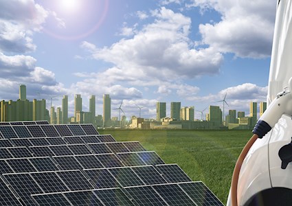 solar panels and a nozzle filling a gas tank in the foreground and a cityscape and windmills in the background 