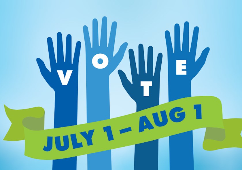 Four hands with the letters V-O-T-E and a banner reading "July 1-Aug 1"