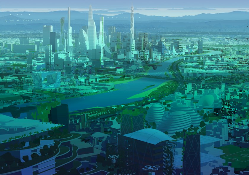 Rendering of the Future World Vision's Mega City 2070 skyline.