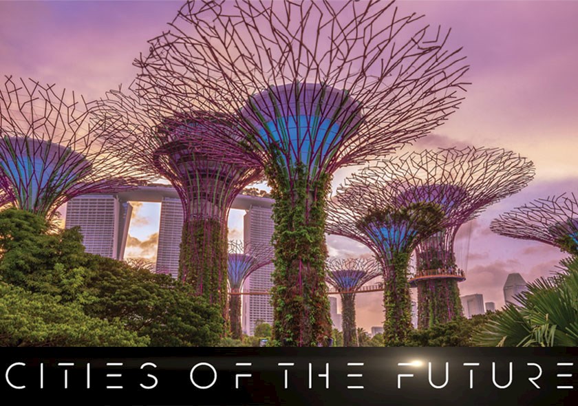 futuristic infrastructure with the text Cities of the Future at the bottom of the image. 