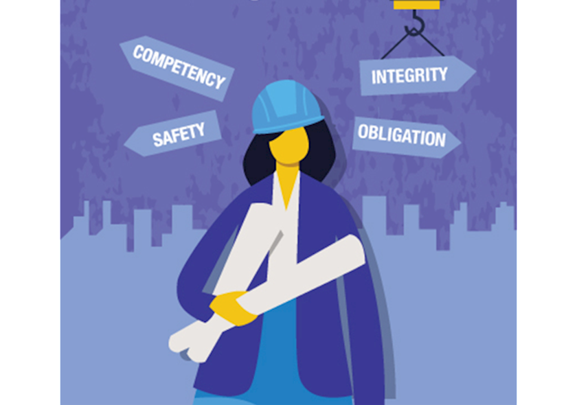 Graphic of a woman in a hard hat holding blueprints with the caption "Competency, Integrity, Safety, Obligation"