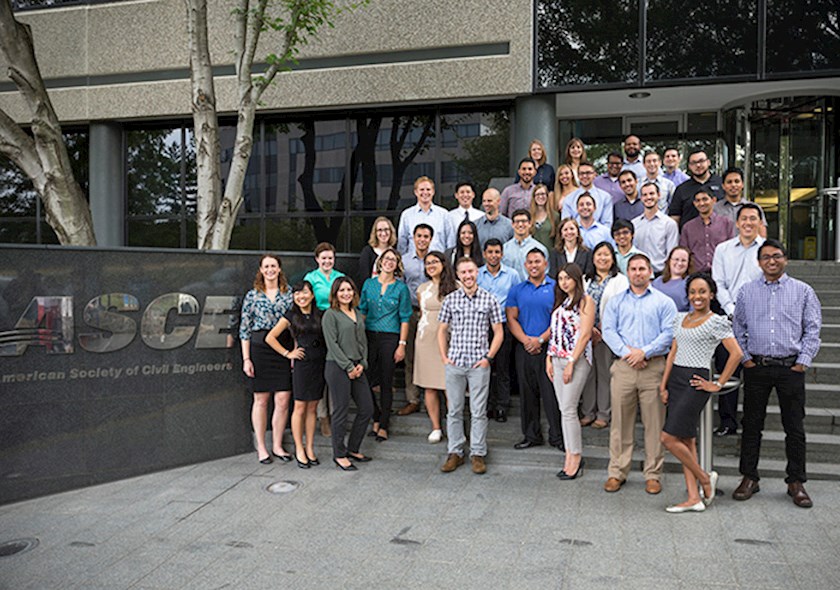 Group of ASCE volunteers standing a in group photo outside ASCE Headquarters in Reston, Va.