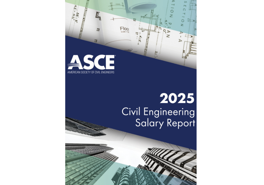 ASCE 2025 Civil Engineering Salary Report cover with blueprints and modern buildings.
