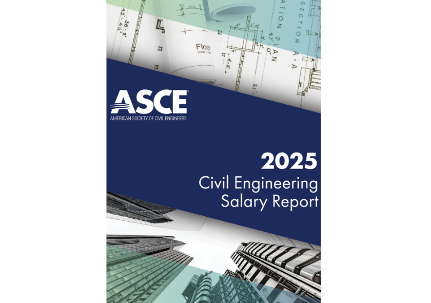 ASCE 2025 Civil Engineering Salary Report cover with blueprints and modern buildings.