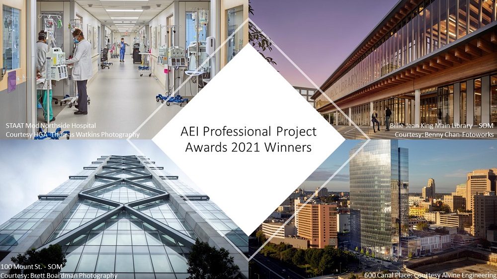 Featured: Winners of the 2021 AEI Professional Project Awards. From top left to bottom right: STAATMod Northside Hospital, HGA; Billie Jean King Main Library, SOM; 100 Mount St., SOM; 600 Canal Place, Alvine Engineering.