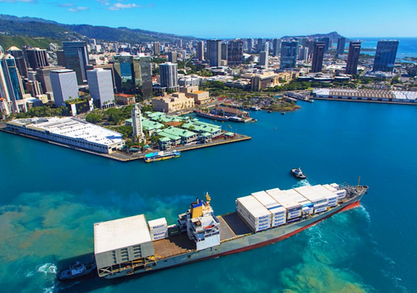 Container ship pulling into Honolulu Harbor