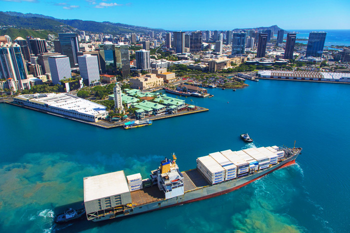 Container ship pulling into Honolulu Harbor