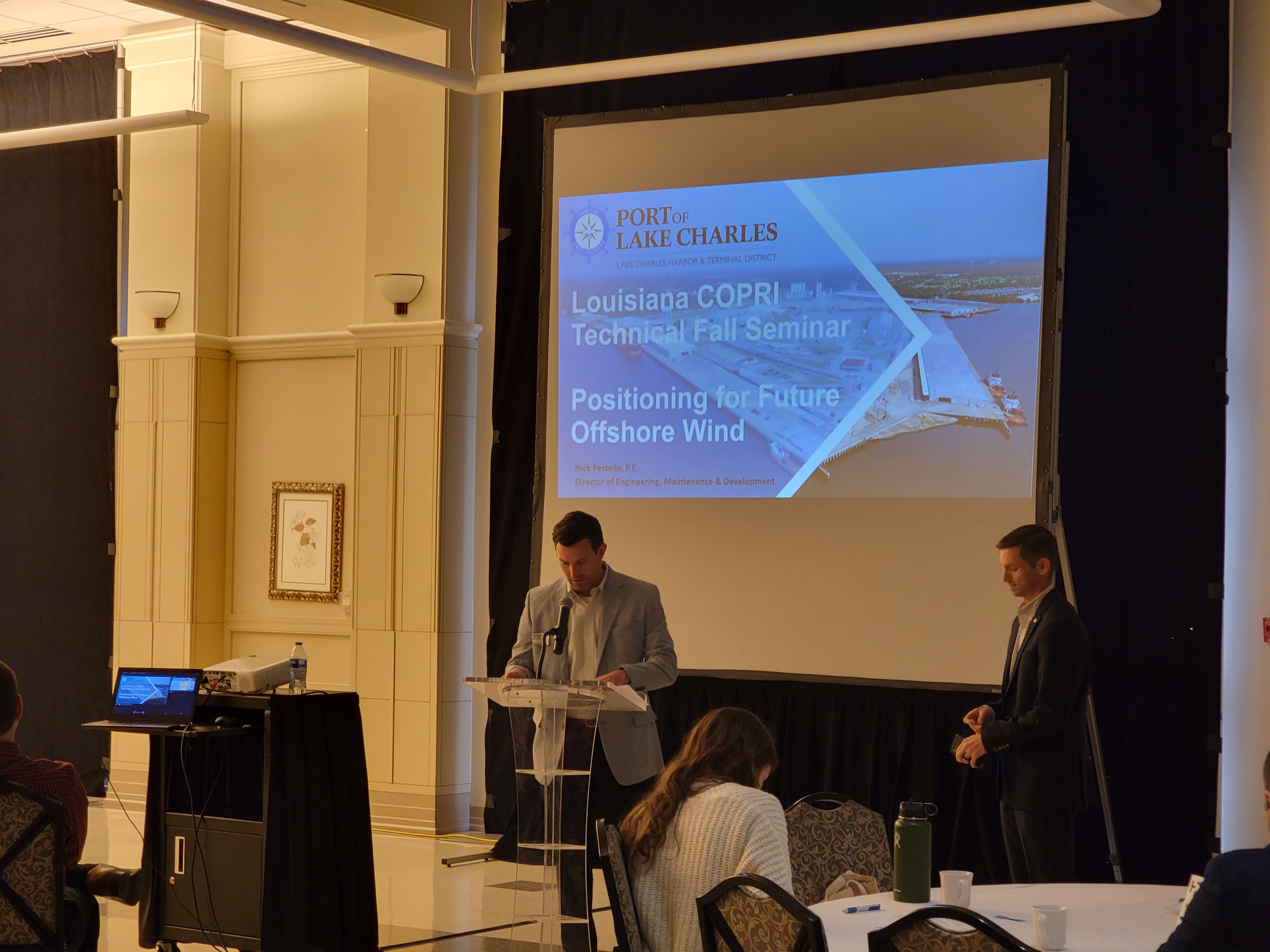 Former Programs Director, Brett McMann (left), introducing The Port of Lake Charles’ Director of Engineering, Maintenance & Development, Nick Pestello (Right), to discuss Positioning for Future Offshore Wind.