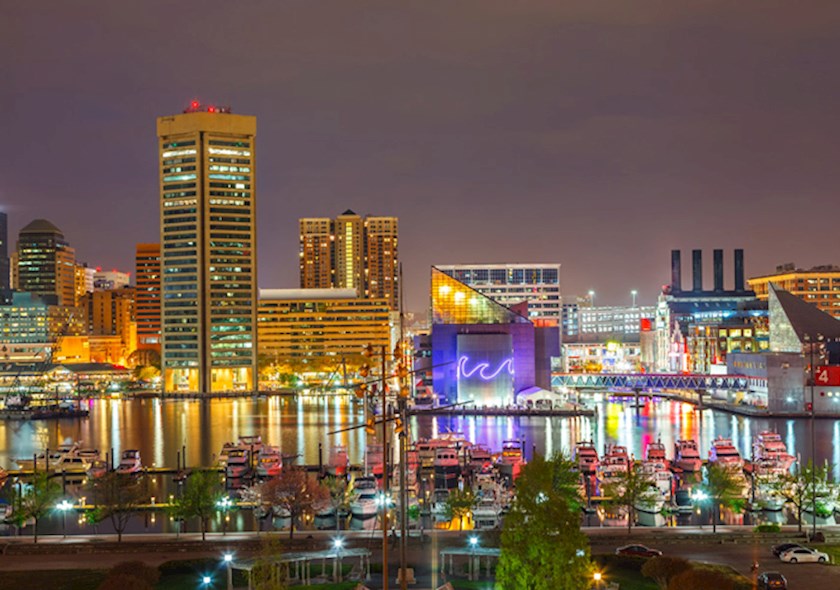 Baltimore Harbor skyline in the evening