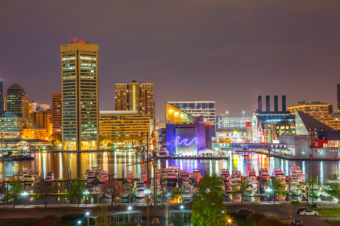 Baltimore Harbor skyline in the evening.
