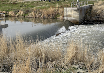 A low head dam on the Jordan River Supply Canal, Utah. The upstream flow appears smooth and tranquil, which does not alert recreationalists to the hazard below.