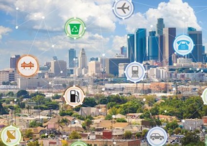 Skyline of Los Angeles with an overlay of icons representing utilities