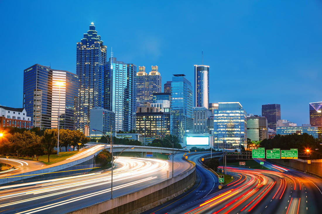 Atlanta skyline with motion blur of highway below