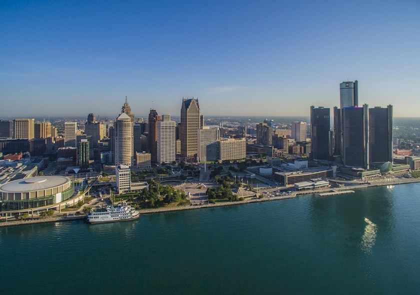 Daytime skyline of Detroit, Michigan.