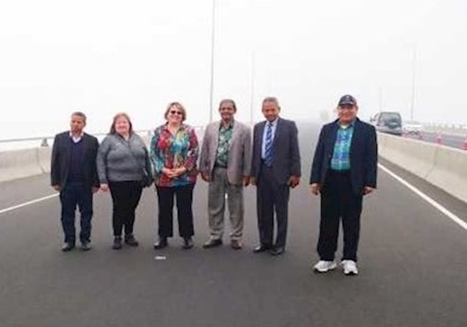 ASCE leaders visited Padma Bridge, Bangladesh. Pictured are 6 people on a bridge.