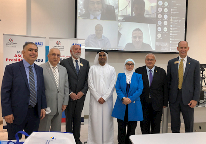 Meet the ASCE President at Abud Dhabi University Student Chapter event. Pictured are 7 people in a meeting room at Abud Dhabi University. 