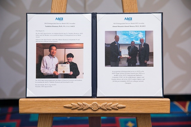 R10 DSM Award Ceremony at the Global Reception of the ASCE 2022 Convention. Picture captures two pictures with captions describing each. One is of 2 people holding an award and the other one is of 3 people holding an award. 