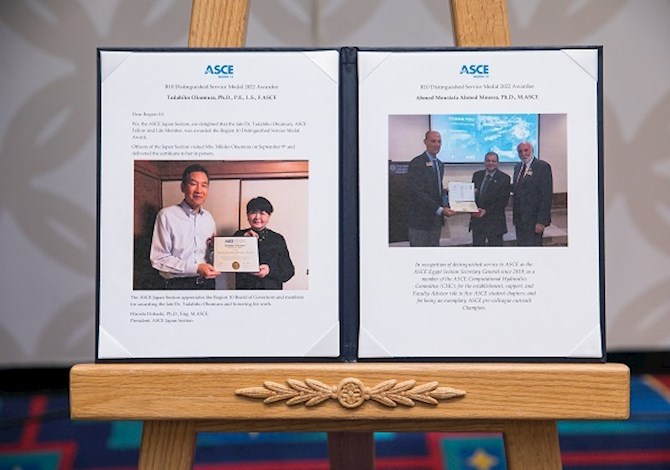 R10 DSM Award Ceremony at the Global Reception of the ASCE 2022 Convention. Picture captures two pictures with captions describing each. One is of 2 people holding an award and the other one is of 3 people holding an award.