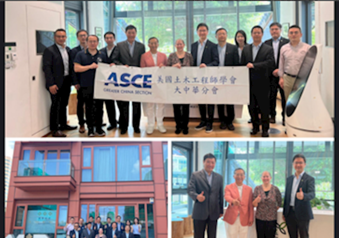 Visit to Hong Kong Construction Industry Council. There are three pictures. The top one has 13 people holding a banner. The bottom left has 13 people standing in front of a building. The bottom right has 4 people giving a thumbs up to the camera. 
