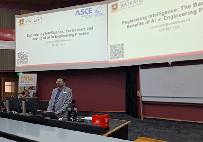 Parsa Yazdi, President of ASCE New Zealand Section, delivering a keynote speech and welcoming attendees at the Engineering Intelligence Colloquium.