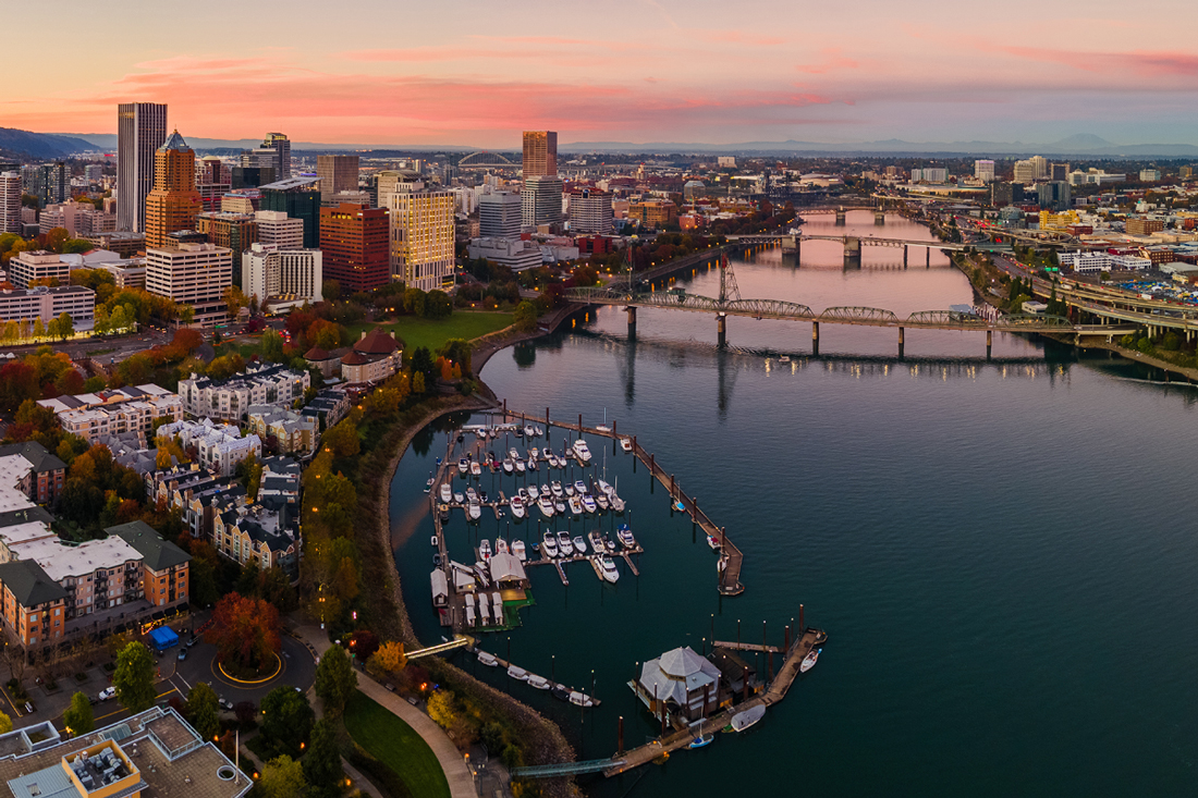 GeoenvironMeet 2024: Aerial view of a sunset in downtown Portland Oregon.