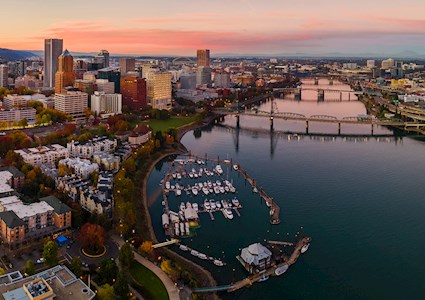 GeoenvironMeet 2024: Aerial view of a sunset in downtown Portland Oregon.