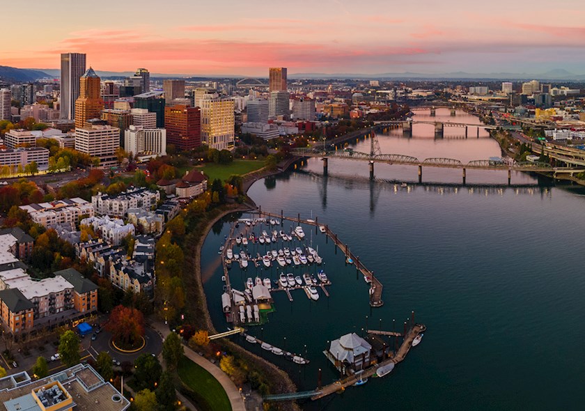 GeoenvironMeet 2024: Aerial view of a sunset in downtown Portland Oregon.