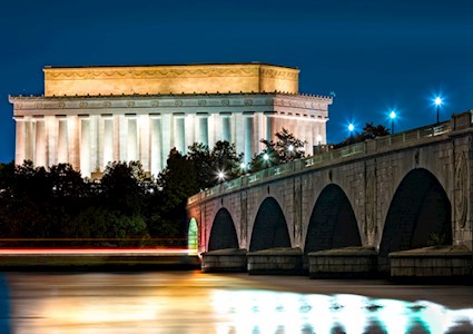 Geo-Risk 2023; Lincoln Memorial and Arlington Bridge, in Washington DC, by night.
