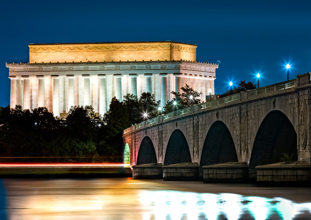 Geo-Risk 2023; Lincoln Memorial and Arlington Bridge, in Washington DC, by night.