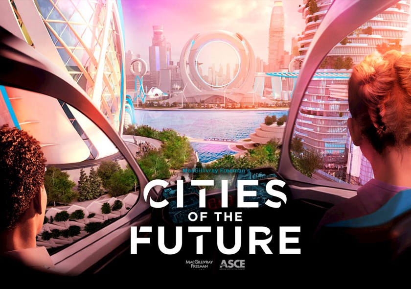 cities of the future poster. image of man and women in a futuristic car driving through a city in the future.