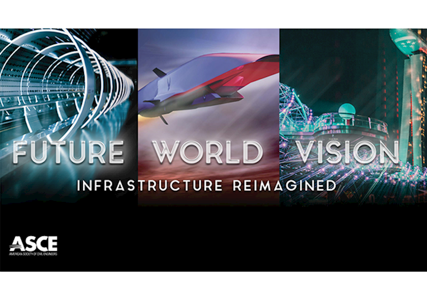 A triptych with futuristic renderings of a tunnel, aircraft, and skyscraper.