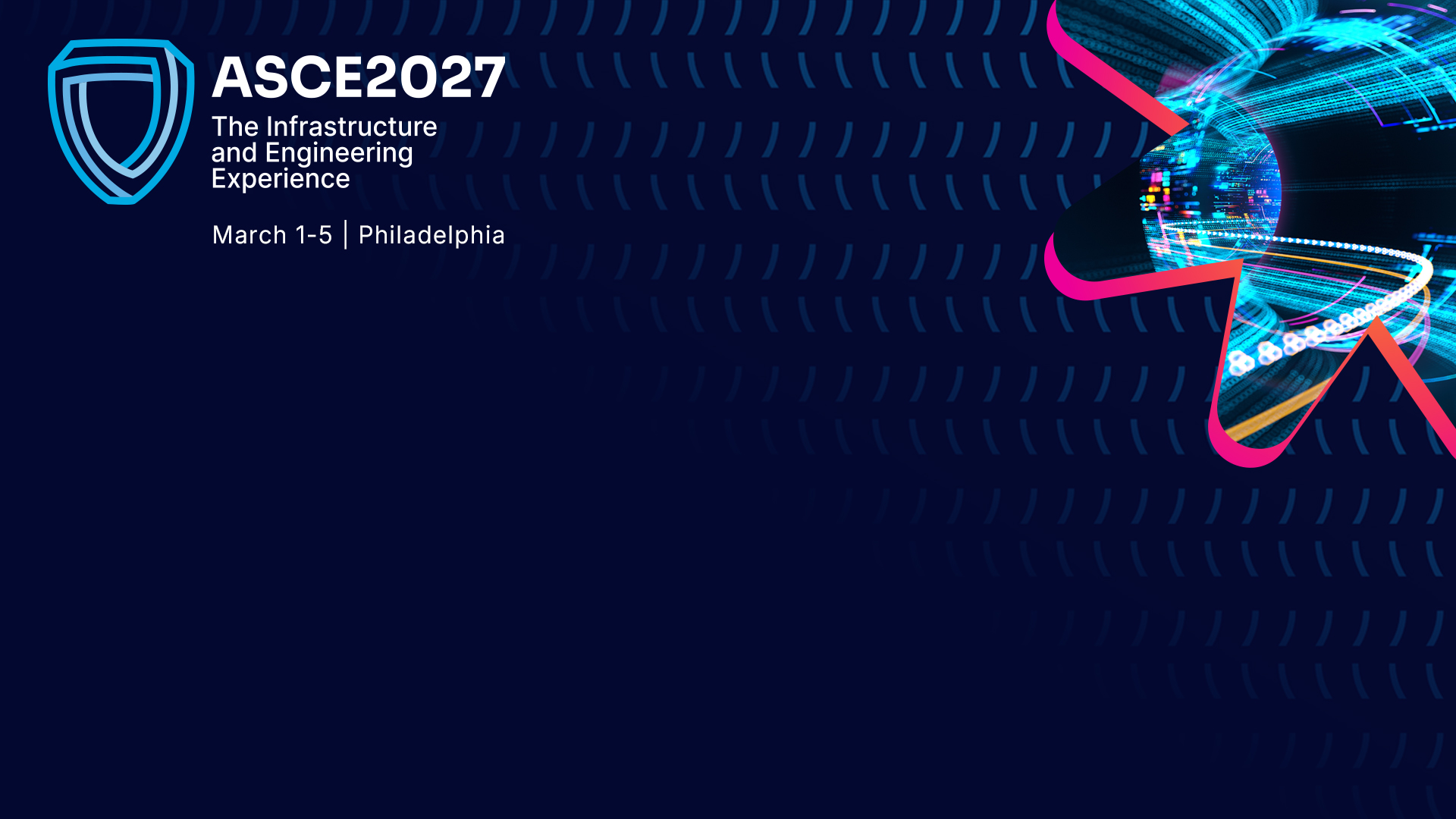 Blue patterned Microsoft Teams background with graphic elements featuring ASCE2027 branding.