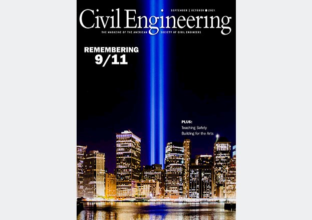 Civil Engineering magazine cover, Sept-Oct 2021, showing two beams of light at the site of the World Trade Center, NYC