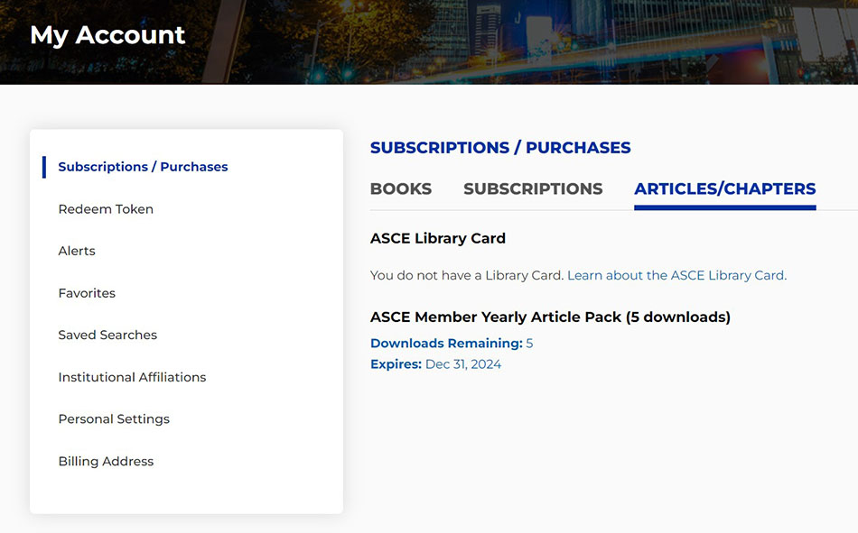 ASCE Member Yearly Article pack - My Account, remaining downloads