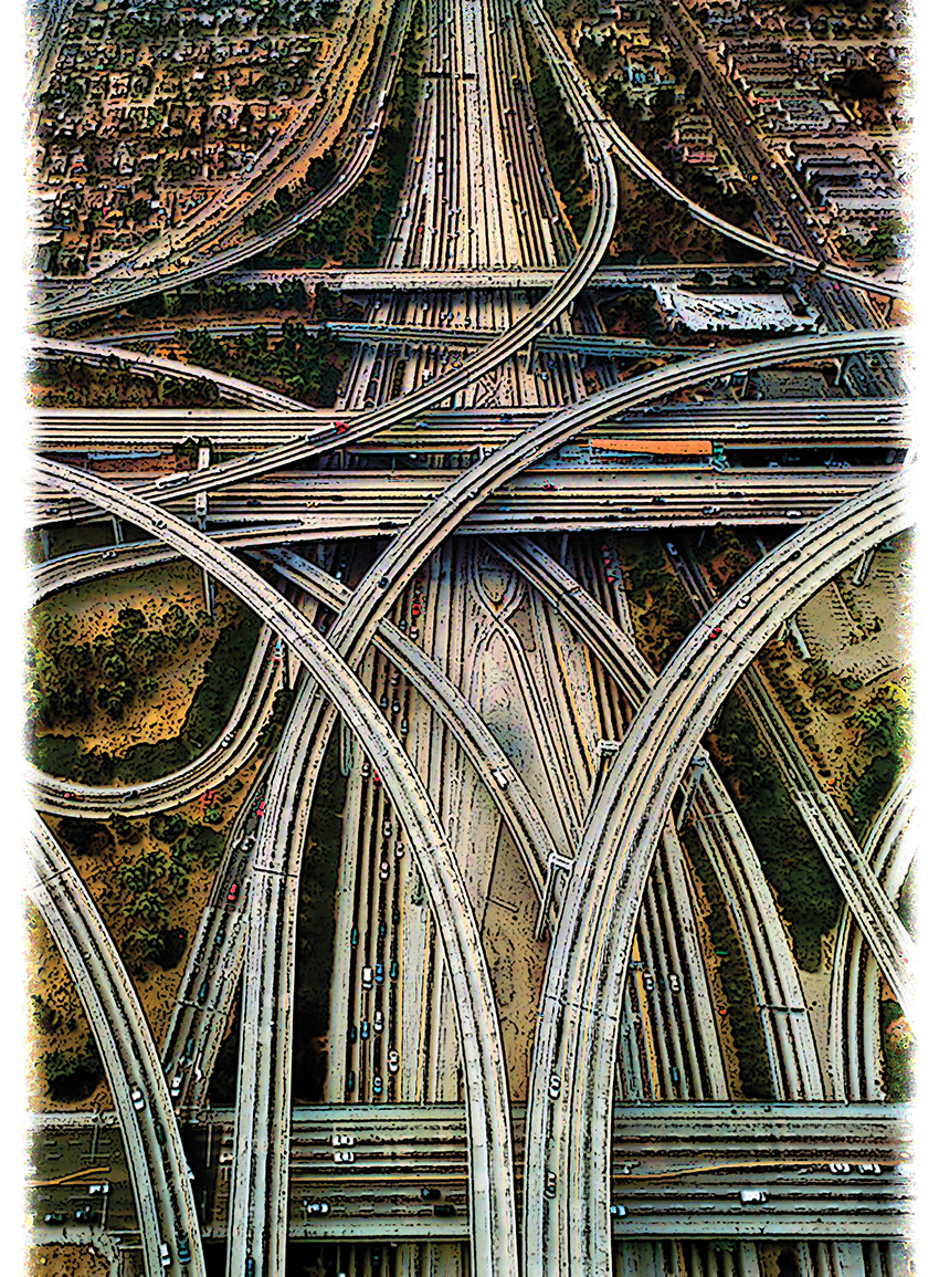 aerial of highway in many layers