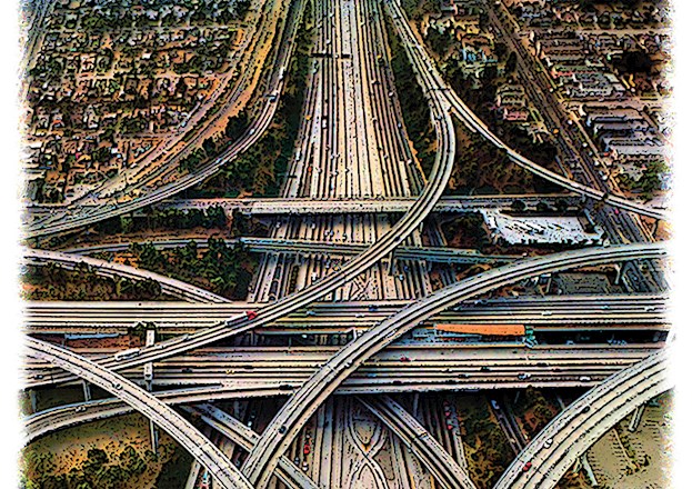 intricate highway system showing multiple roads and bridges. some are straight and some are curved.
