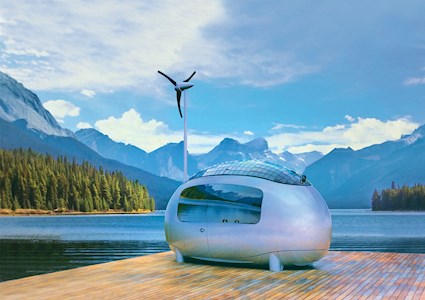 rendering of a mobile residence sitting on a deck with a lake and mountains in the background