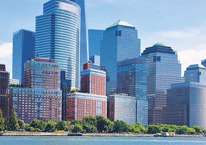 rendering showing the battery park city skyline in New York City depicting water, dock, trees, and buildings of various heights