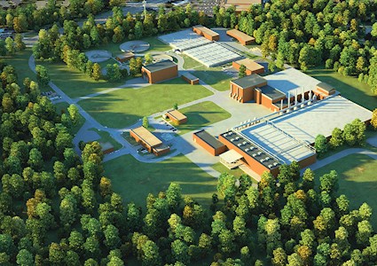 rendering of a treatment facility building surrounded by trees