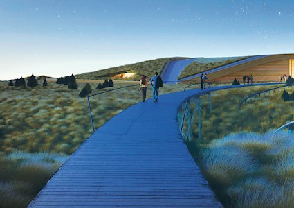 rendering showing a building tucked into the landscape. there are walkways surrounding it