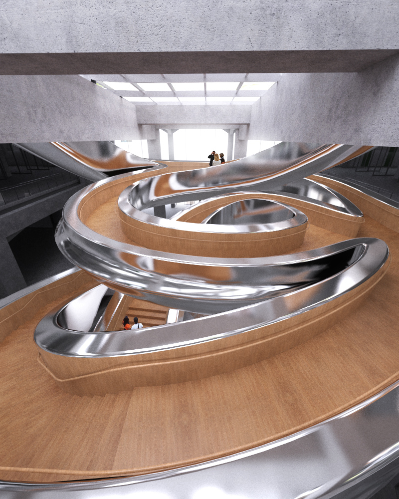 wooden flooring and edging in the FENIX museum's sculptural stairway and ramp