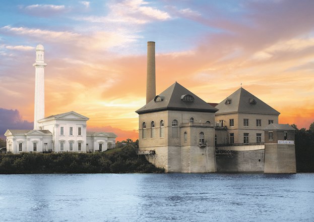 pumping station and water tower close to waterfront