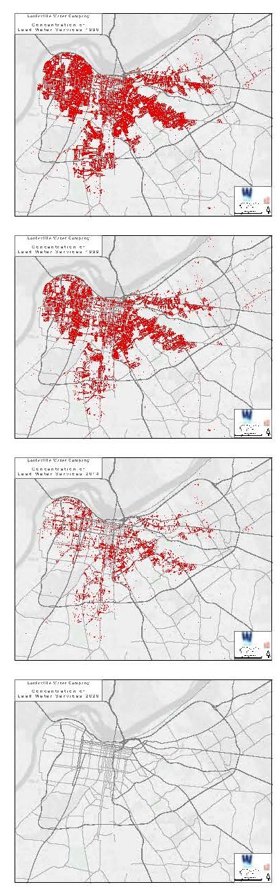 series of four maps that show decreasing amounts of lead in the water service lines