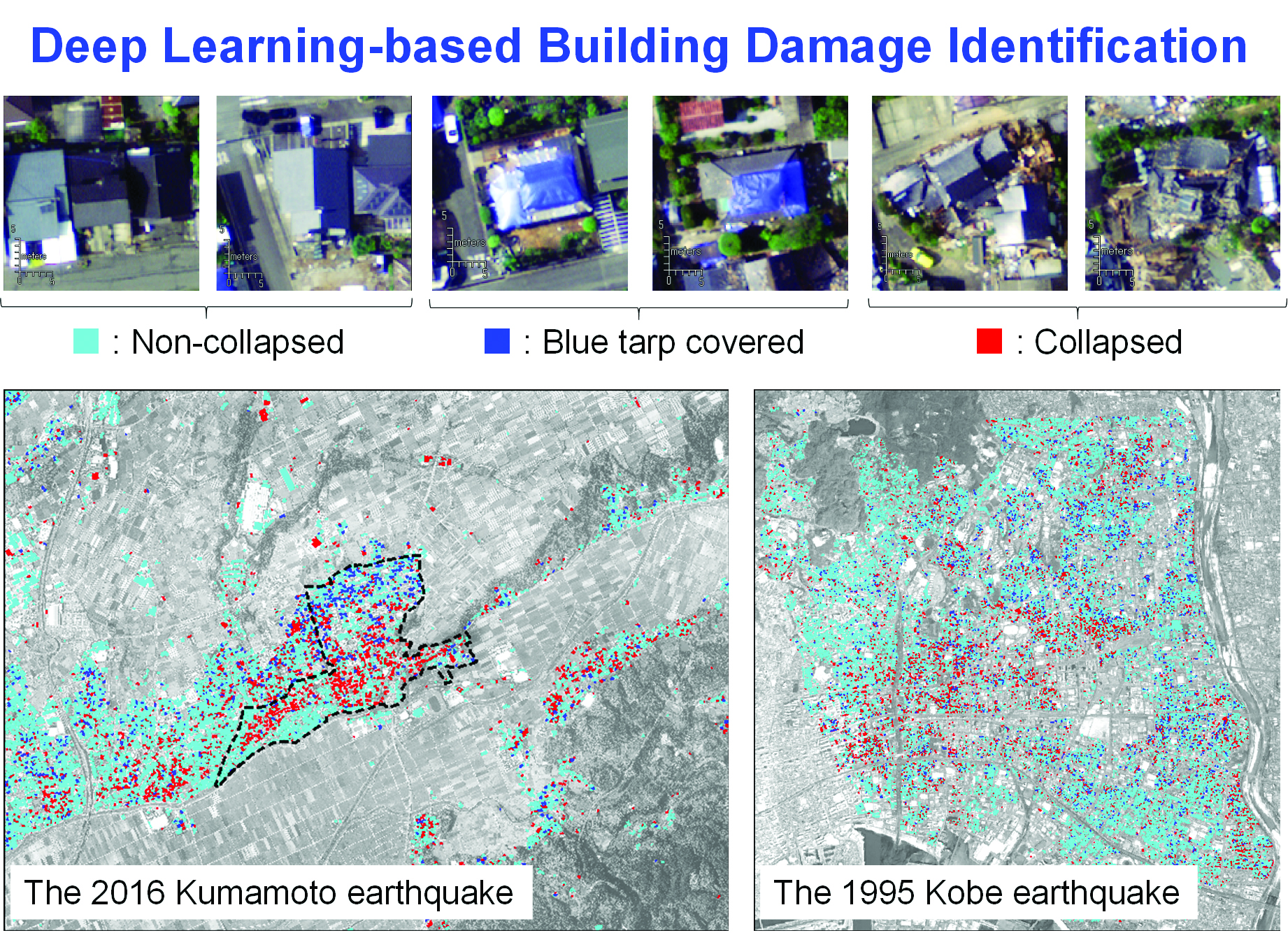 computer model map depicting deep learning based building damage identification. buildings are categorized as non collapsed, blue tarp covered, and collapsed by aqua, blue, and red dots respectively