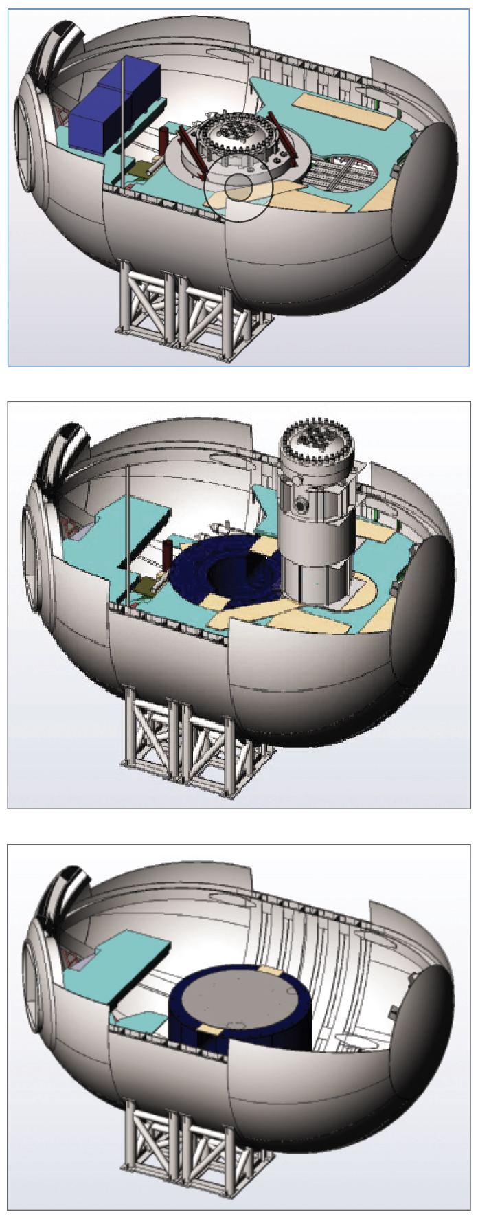 set of three drawings showing the steps taken to dismantle the reactor containment vessel onboard a ship