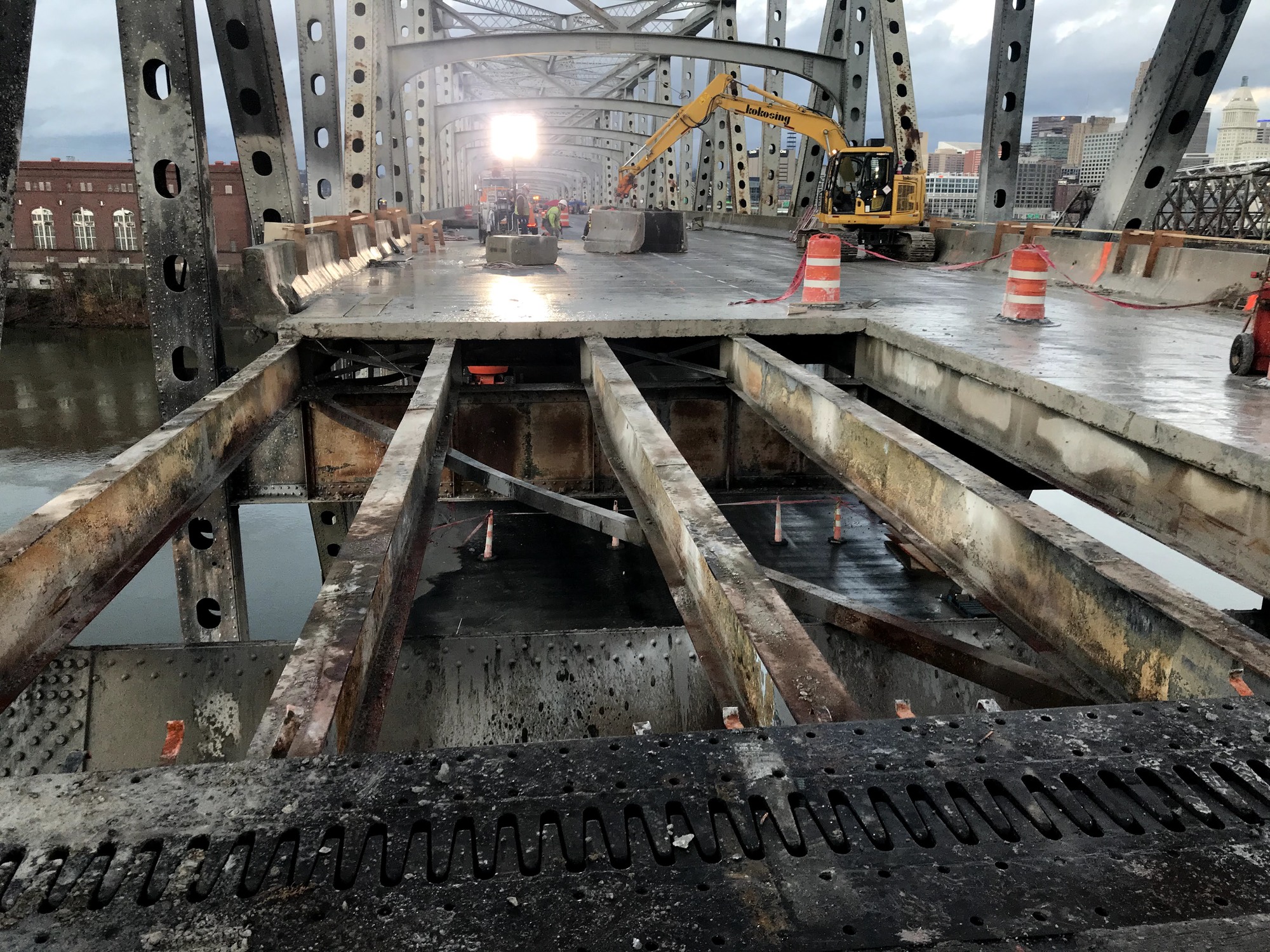 partially removed decking allows the structural supports of the Brent Spence Bridge to be seen