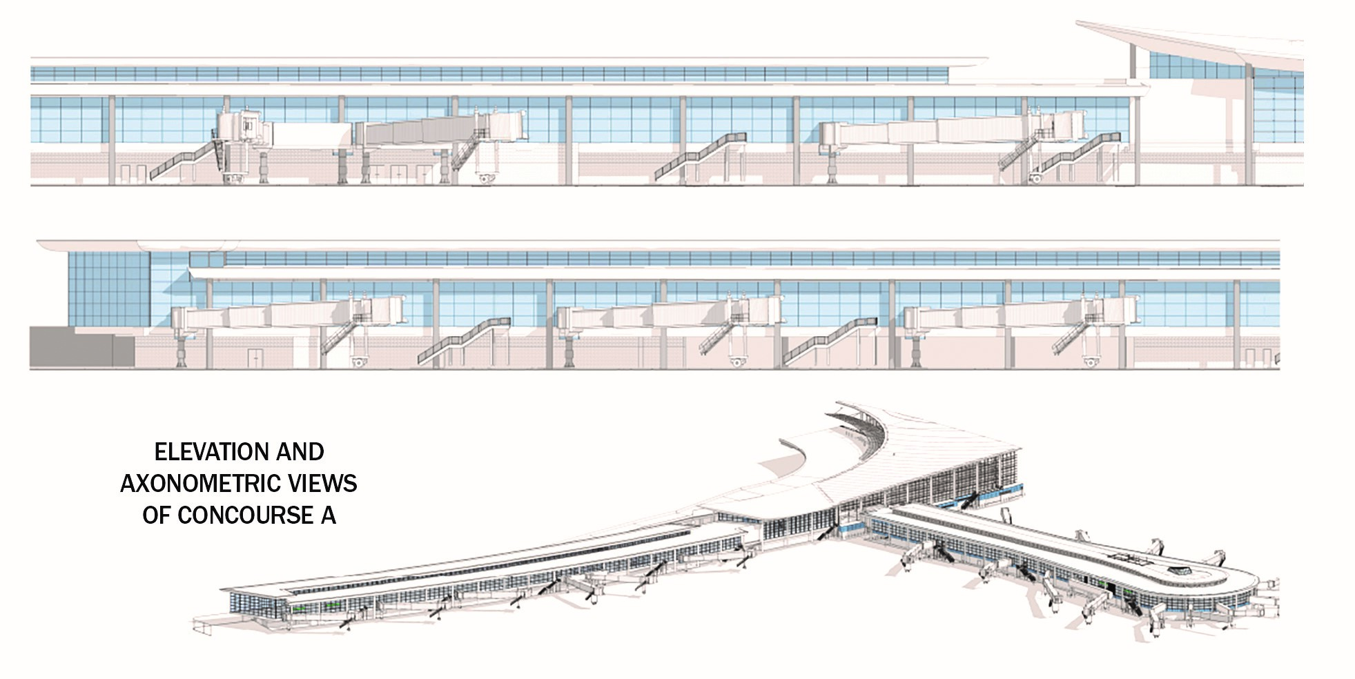 elevation and axonometric views of the new Concourse A of the Louis Armstrong New Orleans International Airport